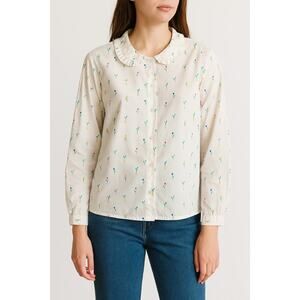 Vintage Jumpers Floral Print Cotton Blouse with Ruffle Collar romantic Sz Large